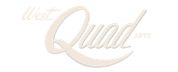 The logo for "West Quad APTS" written in a stylized, light-colored cursive font against a dark background.