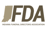 Logo of Indiana Funeral Directors Association: brown letters FDA, Indiana outline.