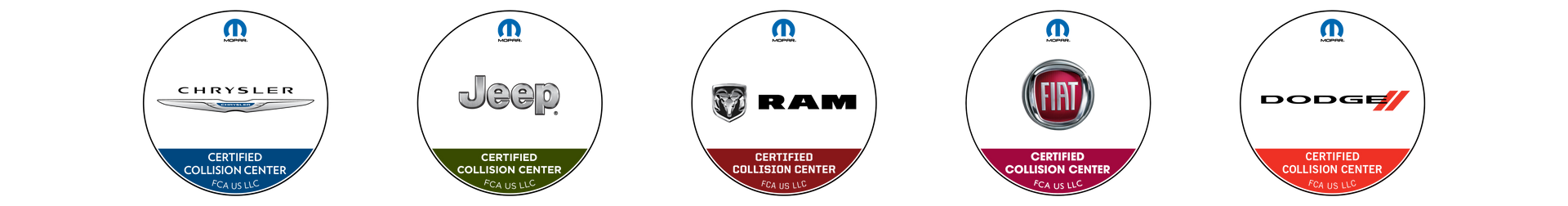 Logos for Chrysler, Jeep, Ram, Fiat, and Dodge. Each is on a colored disc.