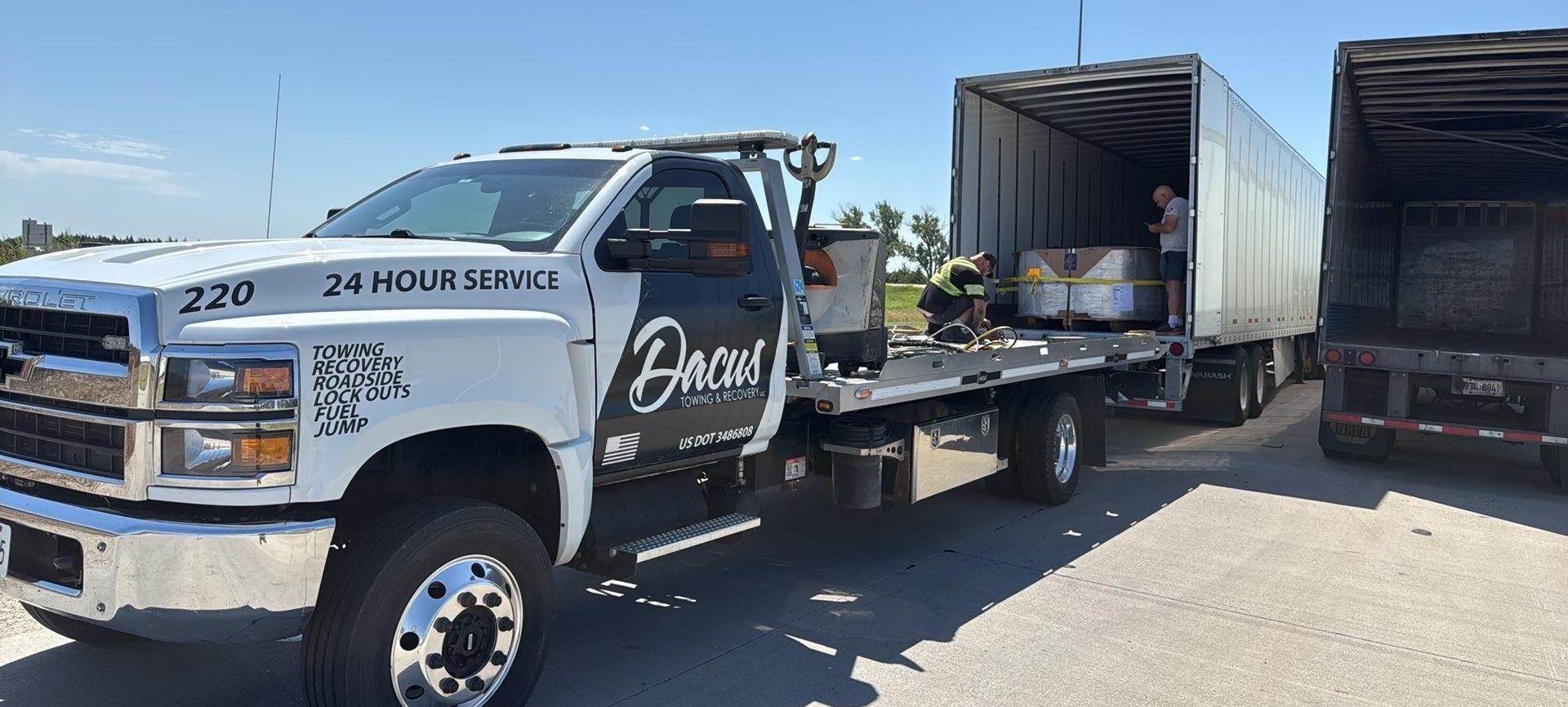 A white tow truck loading cargo from a semi-trailer on a sunny day.