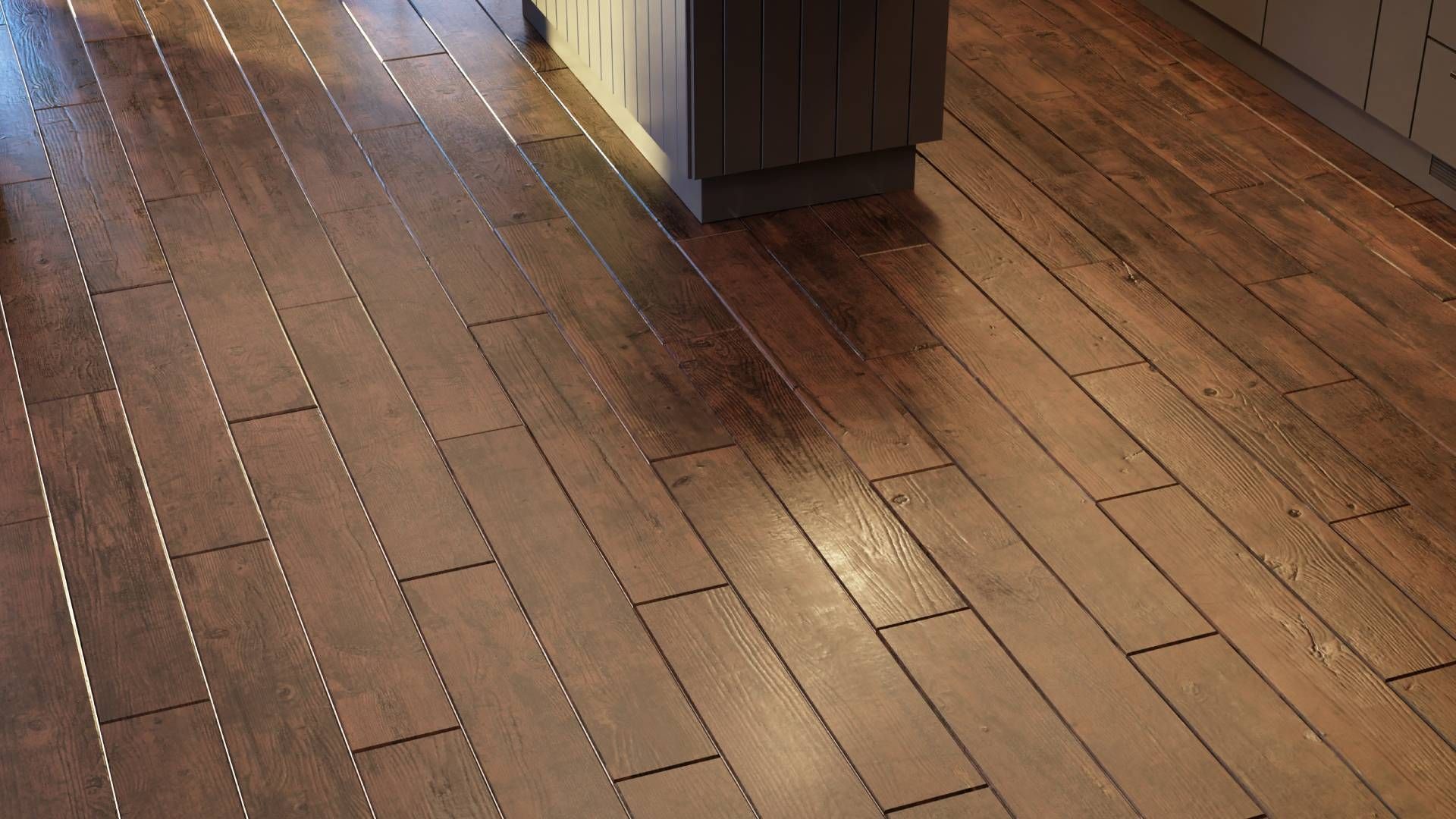 A close up of a wooden floor in a kitchen