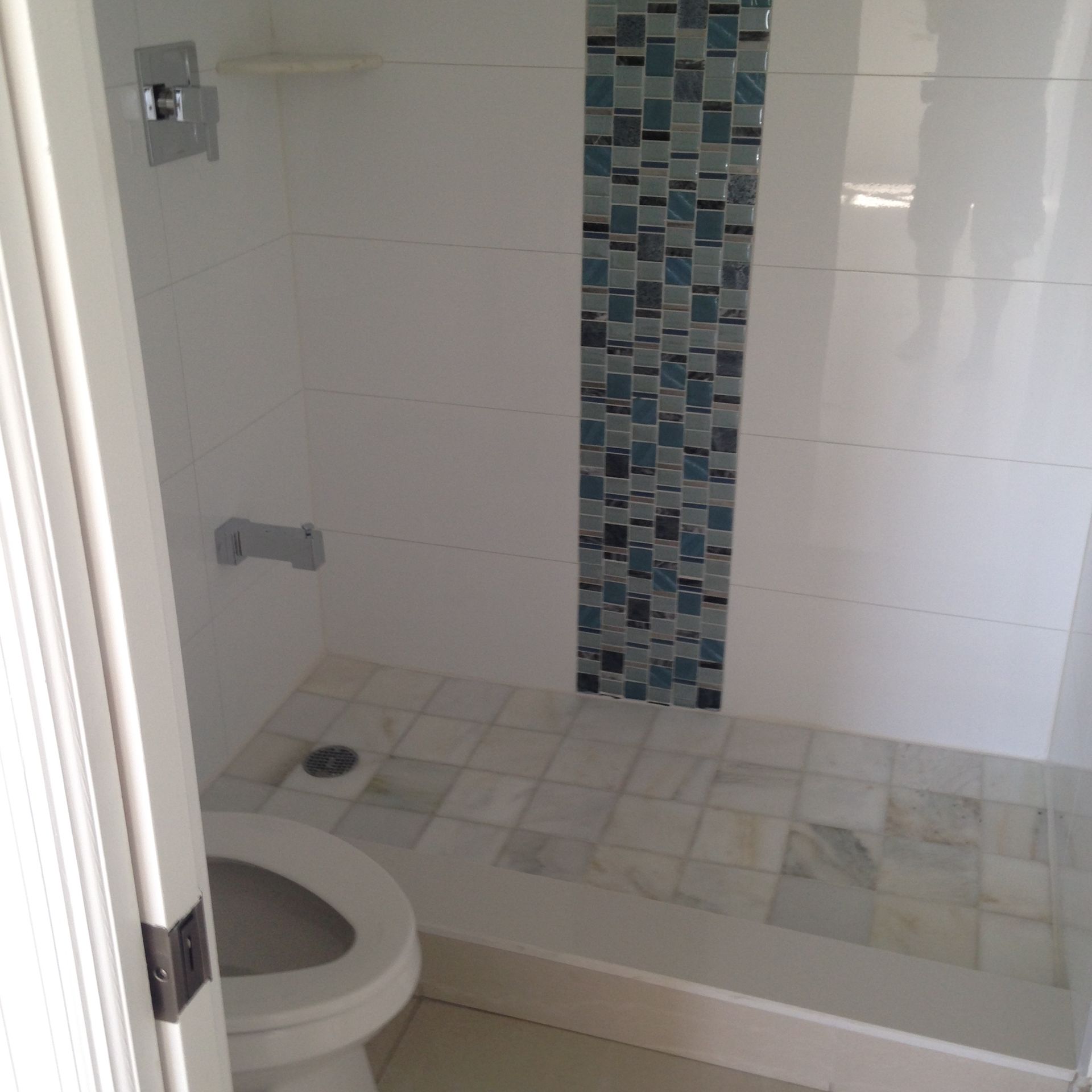 A bathroom with a toilet and a walk in shower