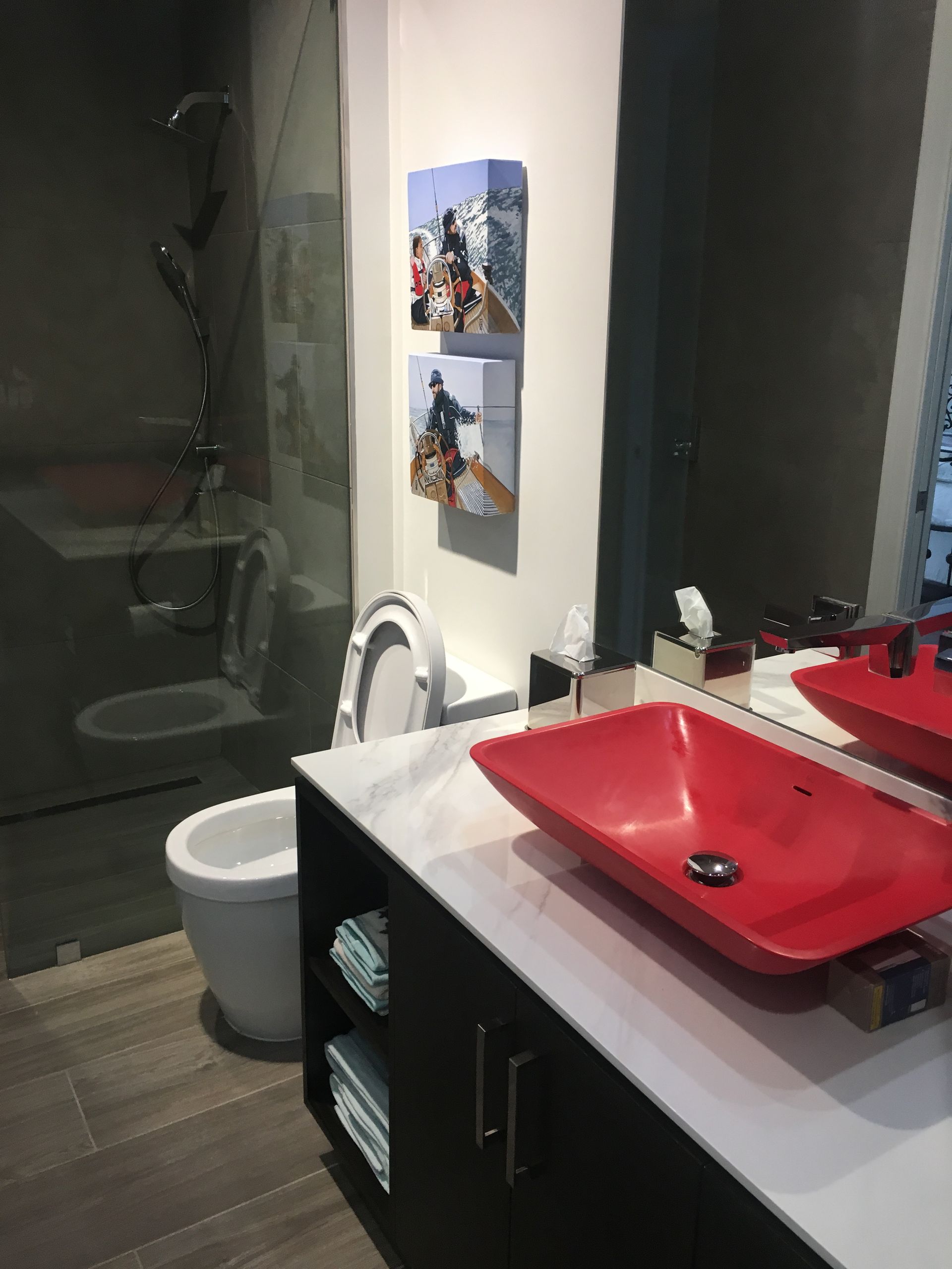 A bathroom with a red sink , toilet and bidet