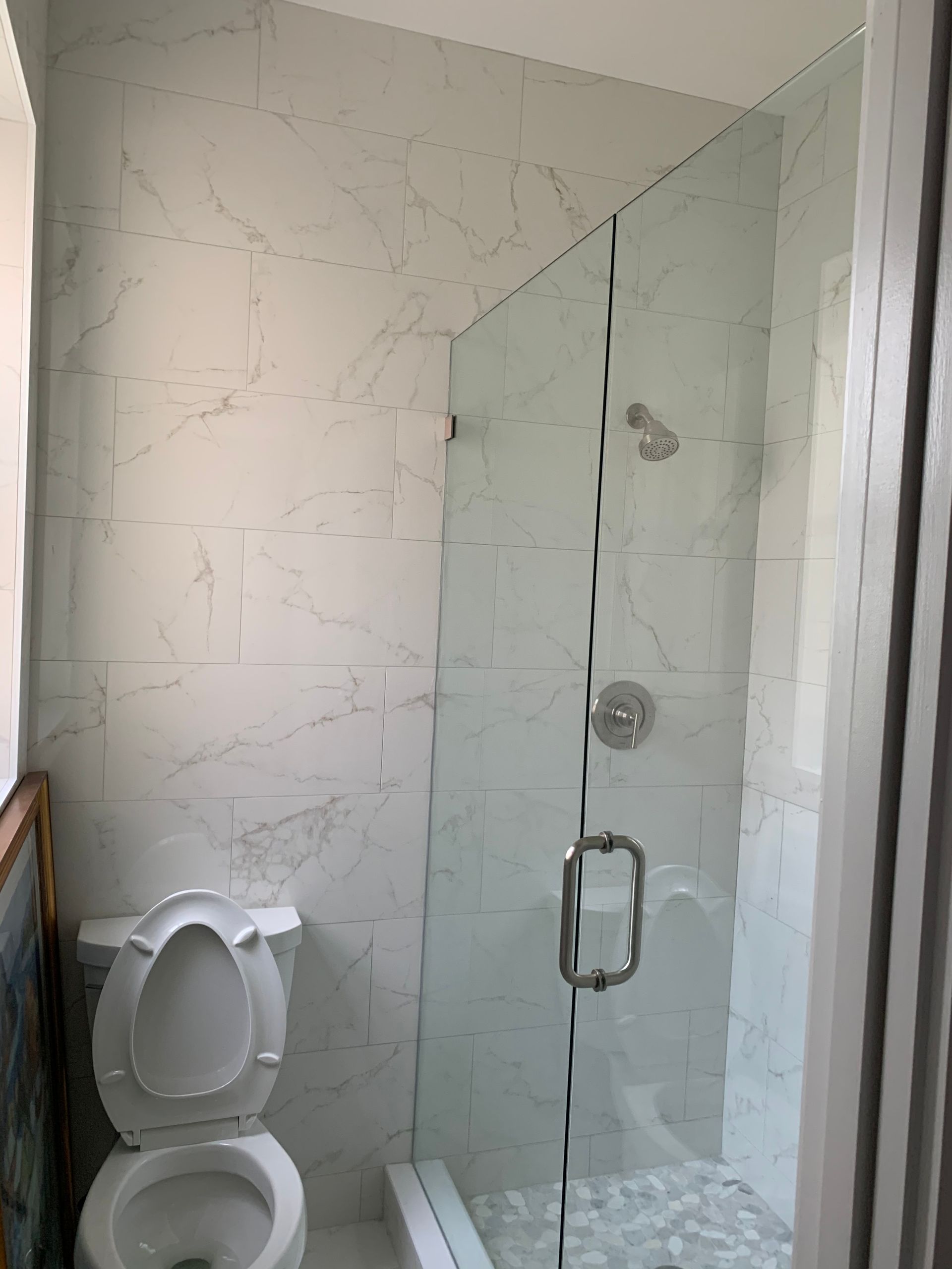 A bathroom with a toilet and a shower with a glass door.