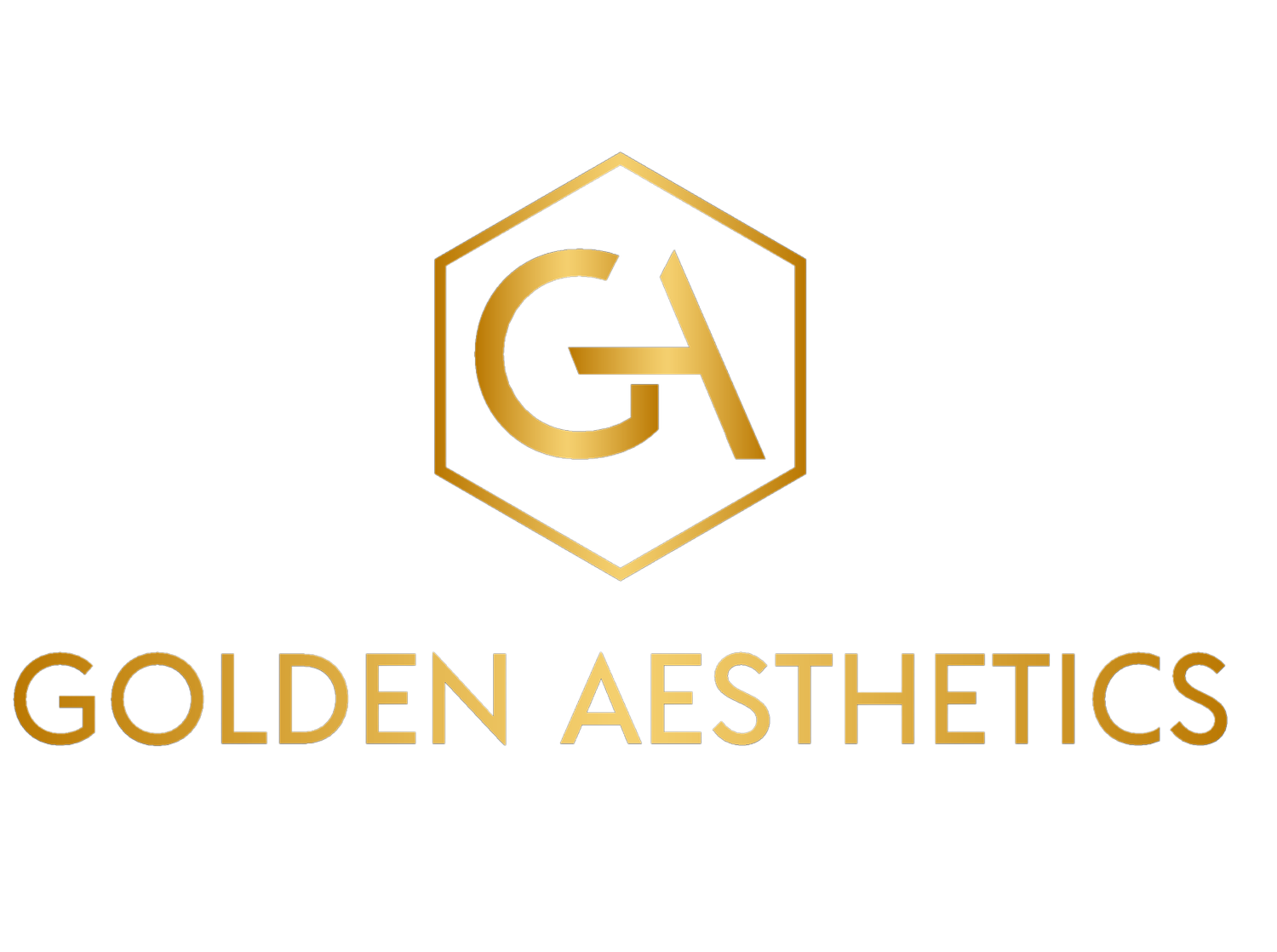 The logo for golden aesthetics is a gold hexagon with a letter g inside of it.