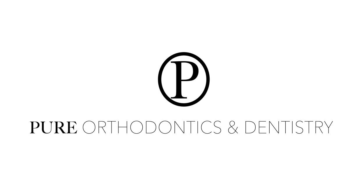 The logo for pure orthodontics and dentistry is black and white.