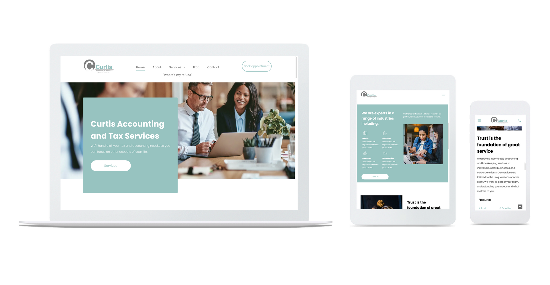 A laptop , tablet , and cell phone are displaying a website.