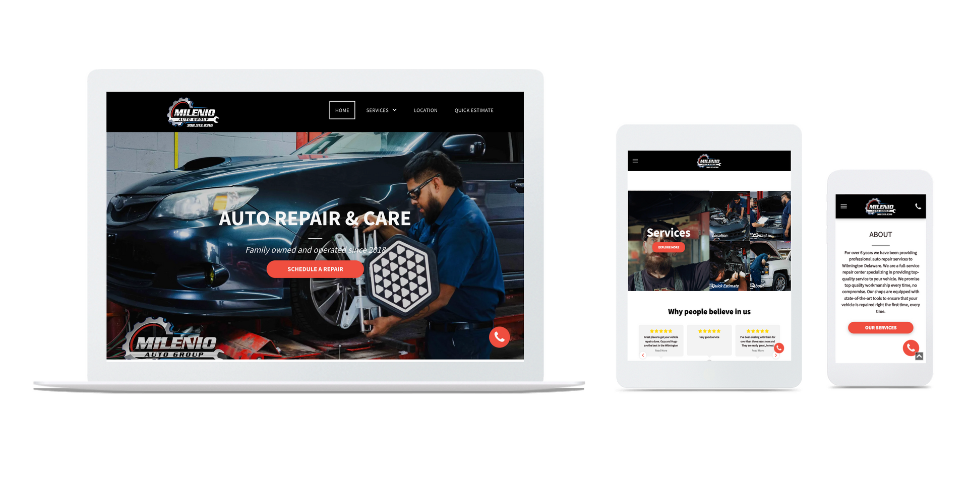 A man is working on a car on a tablet , phone , and laptop.