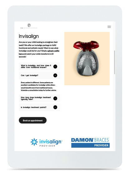 A tablet screen shows a page for invisalign and damon braces.