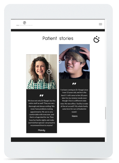 A tablet screen shows two pictures of people and the words patient stories