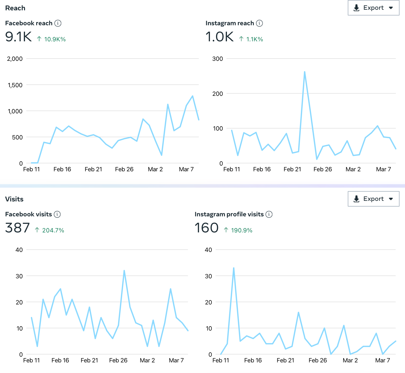 A screenshot of a website showing a graph of visits and reach.