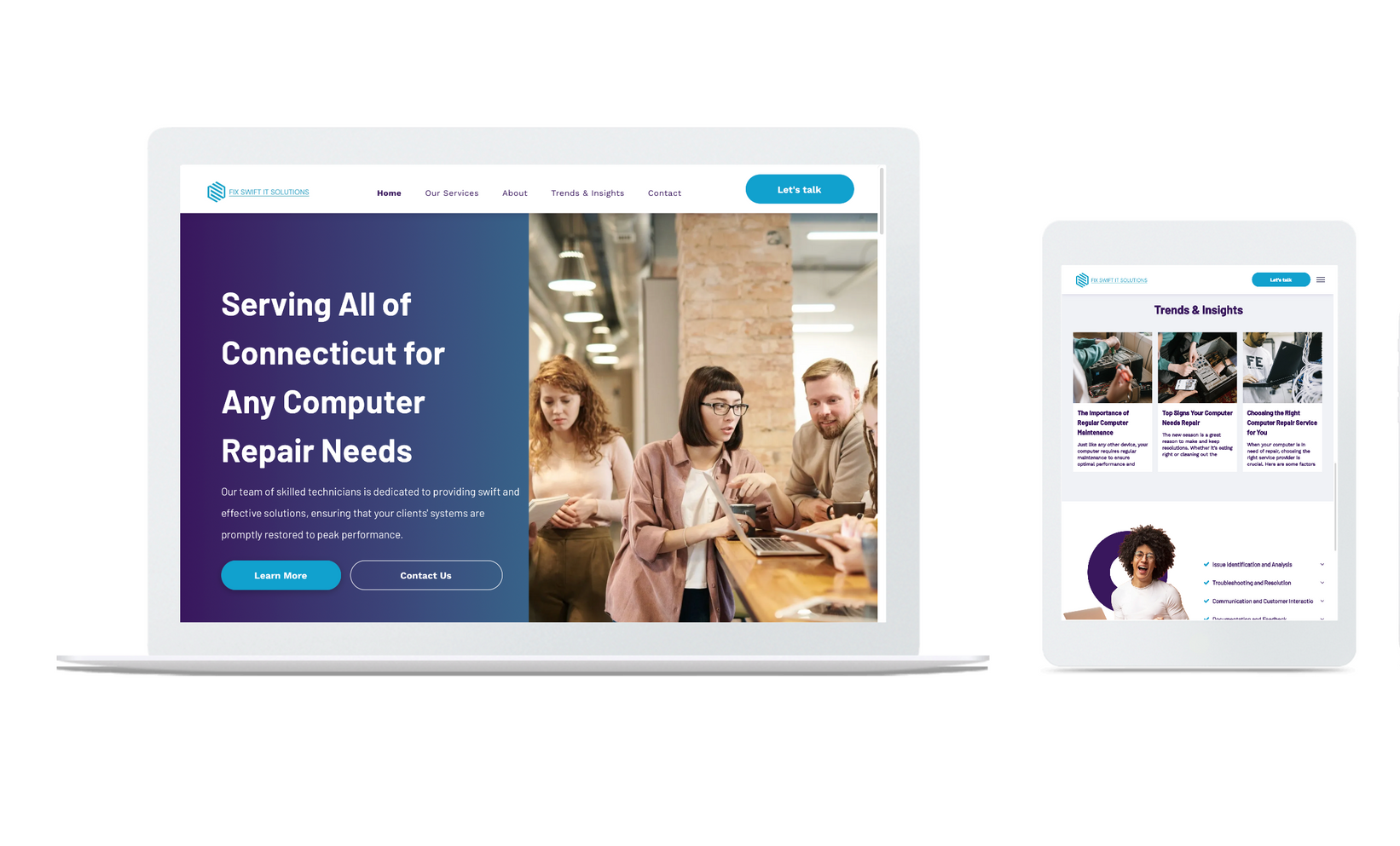 A laptop and a tablet are displaying a website for connecticut for any computer repair needs.