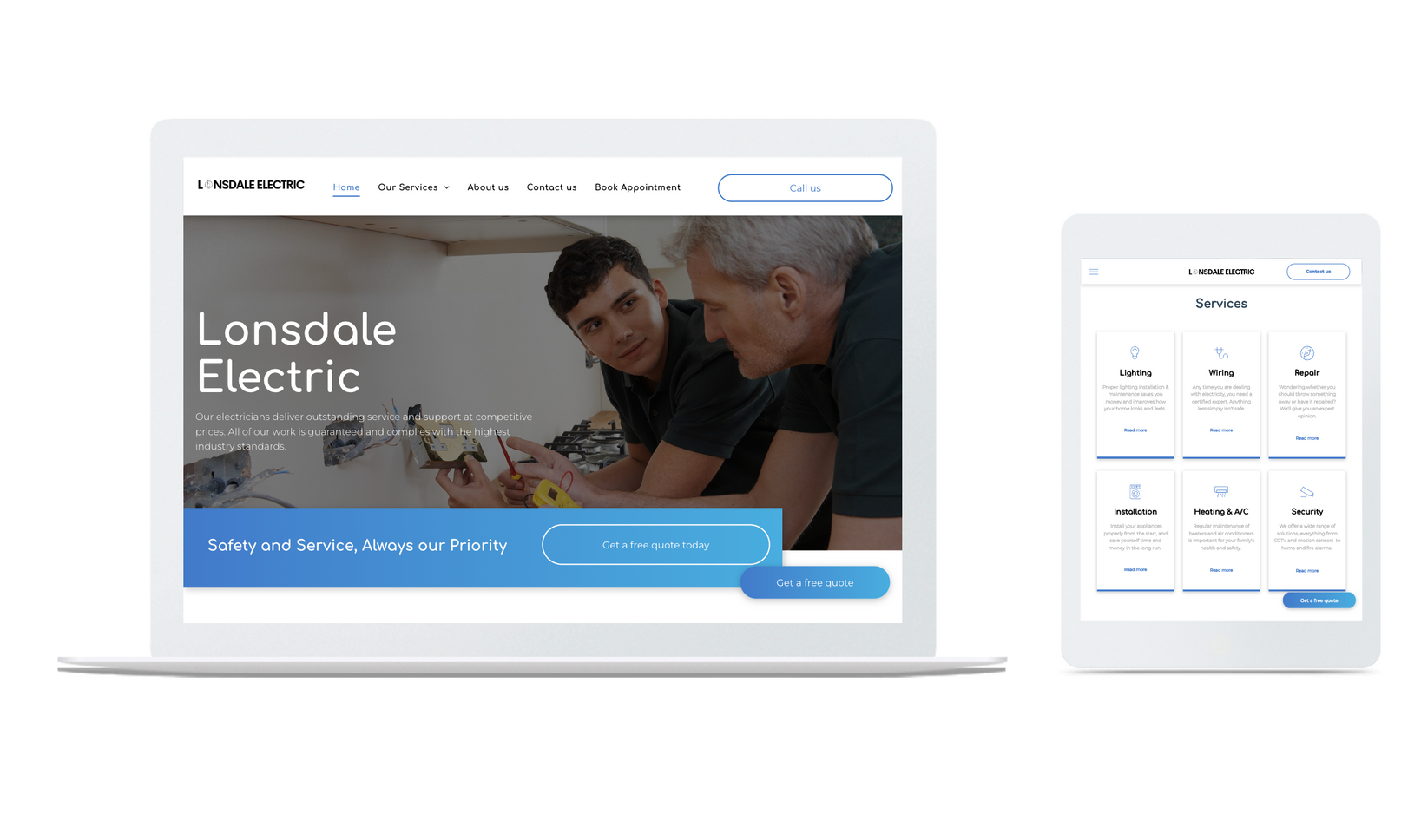 A laptop and a tablet are displaying a website for lonsdale electric.