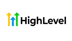 The logo for high level is a colorful logo with arrows pointing up.