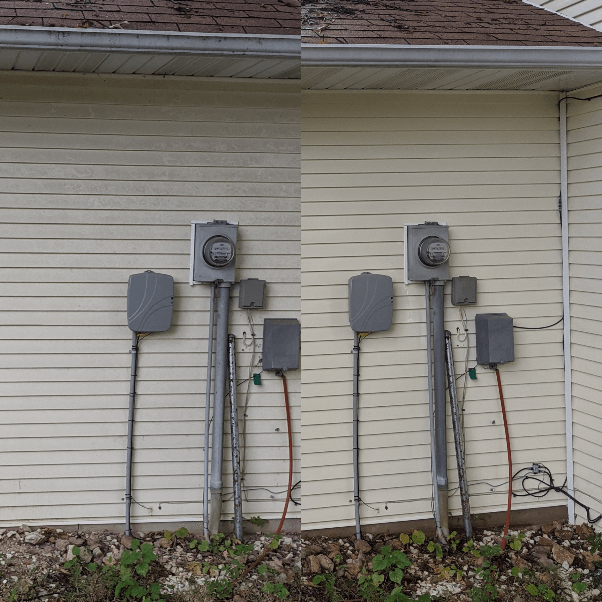 A row of electrical boxes on the side of a house