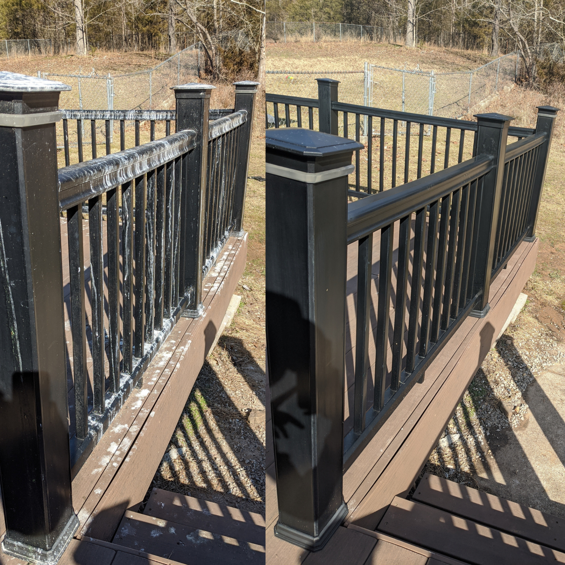 A before and after picture of a black railing on a deck