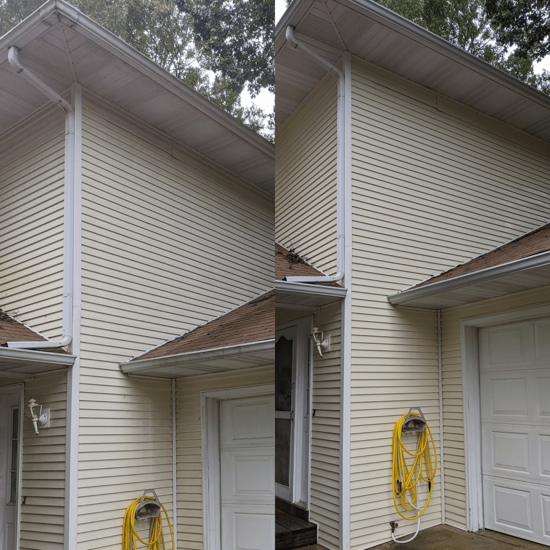 A before and after picture of a house with a garage door.