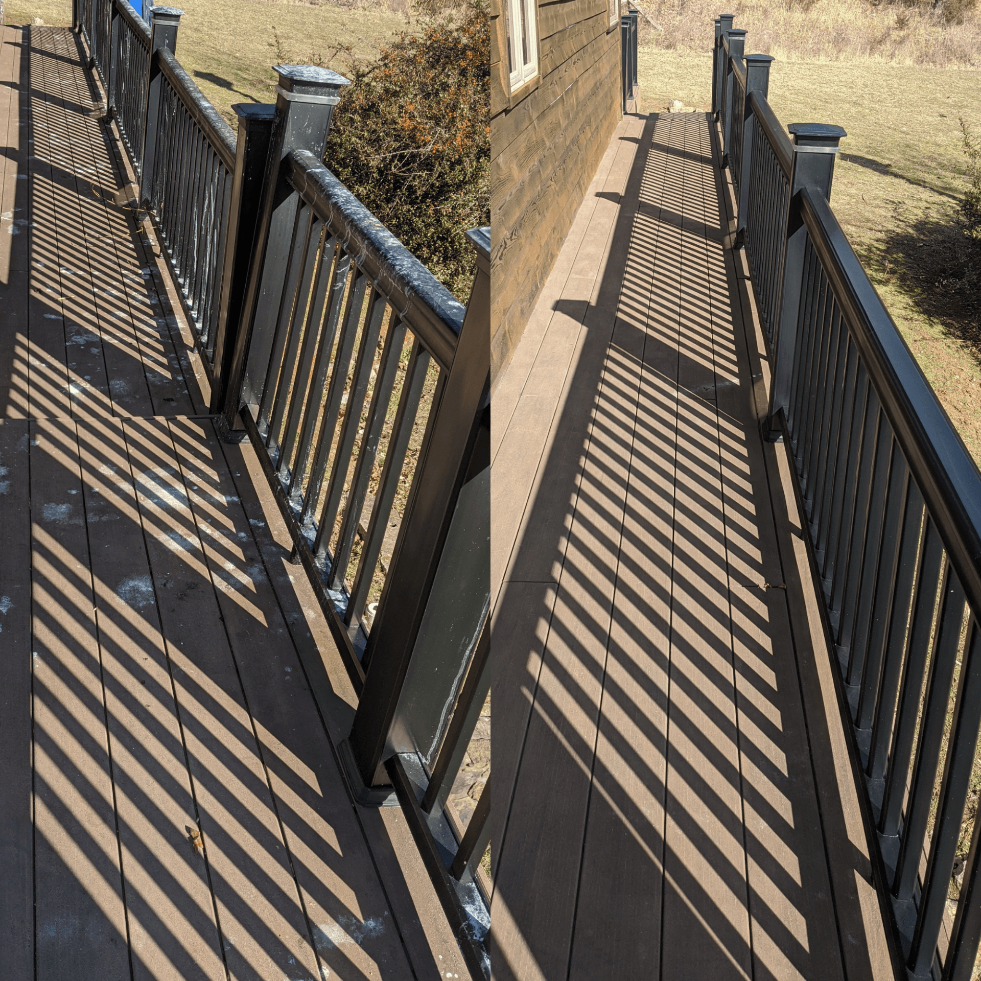 A before and after picture of a deck with a black railing