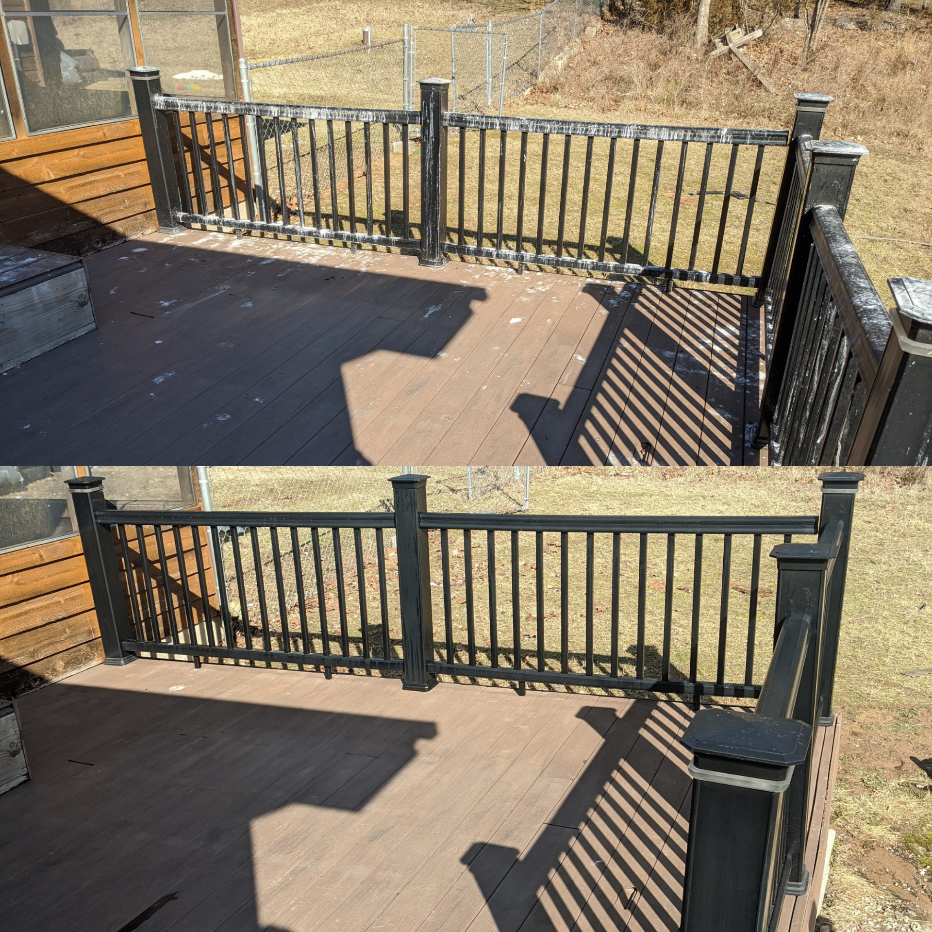 A before and after picture of a deck with a black railing