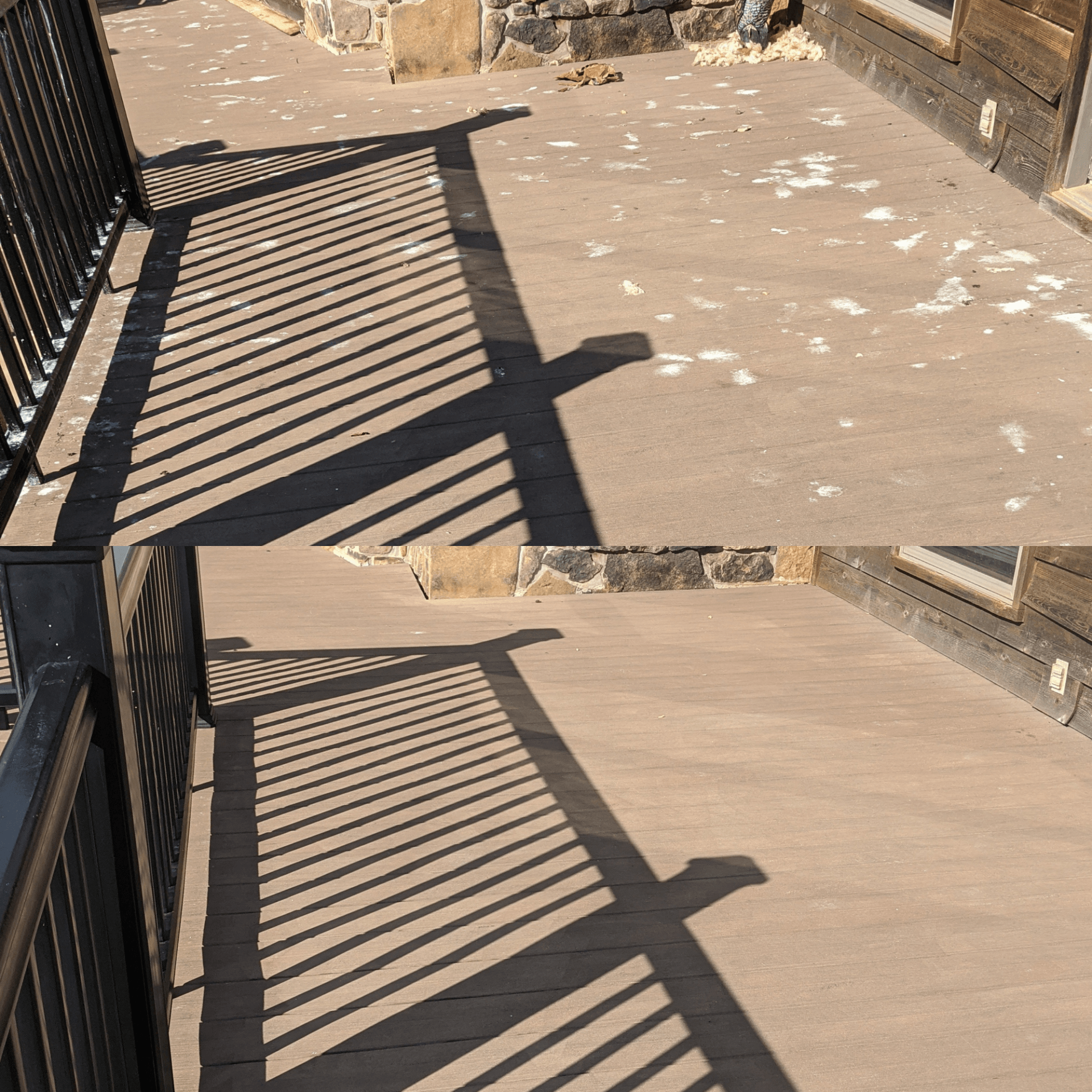 A before and after picture of a deck with a railing.