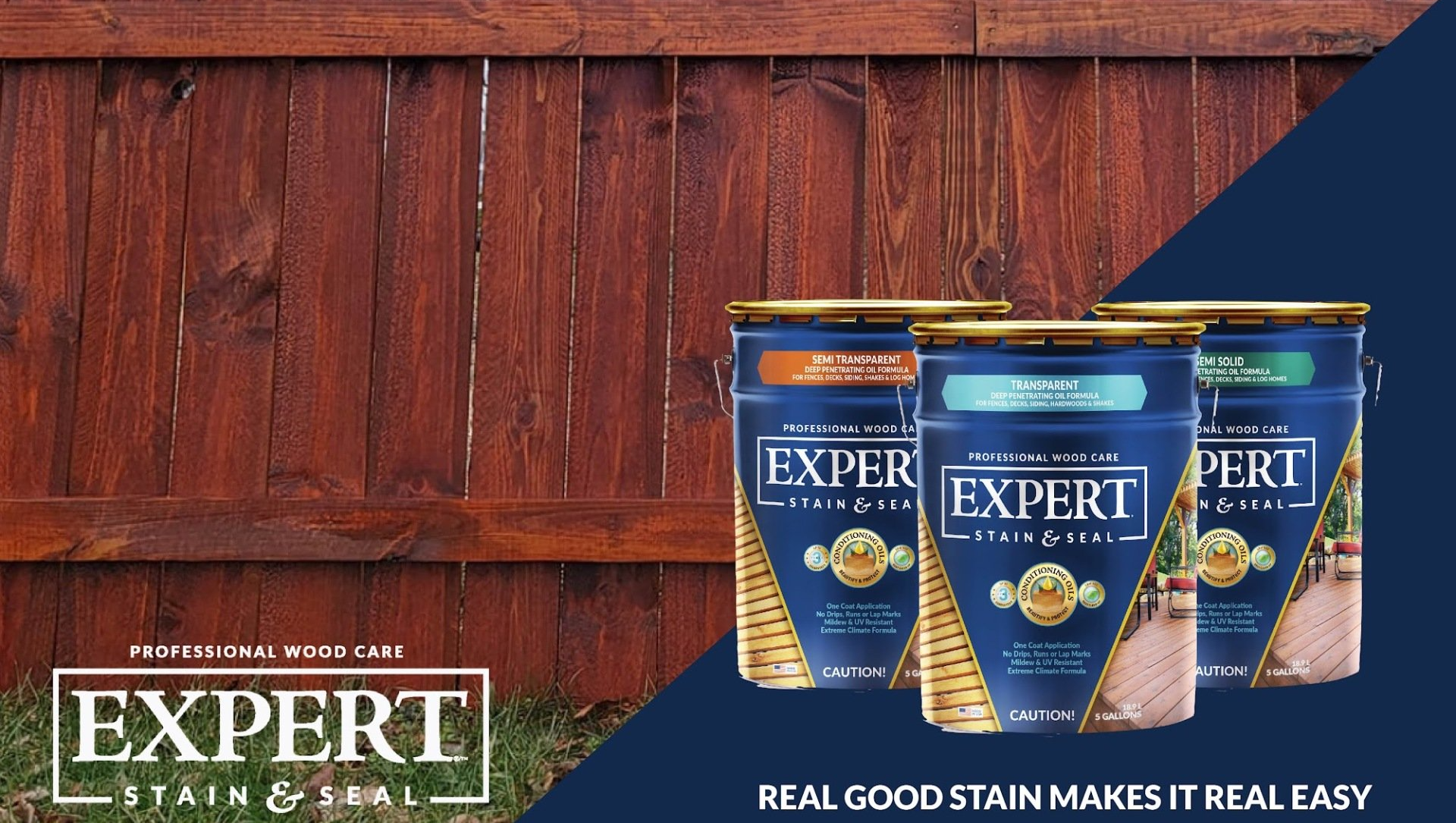 Three cans of expert stain are sitting next to a wooden fence