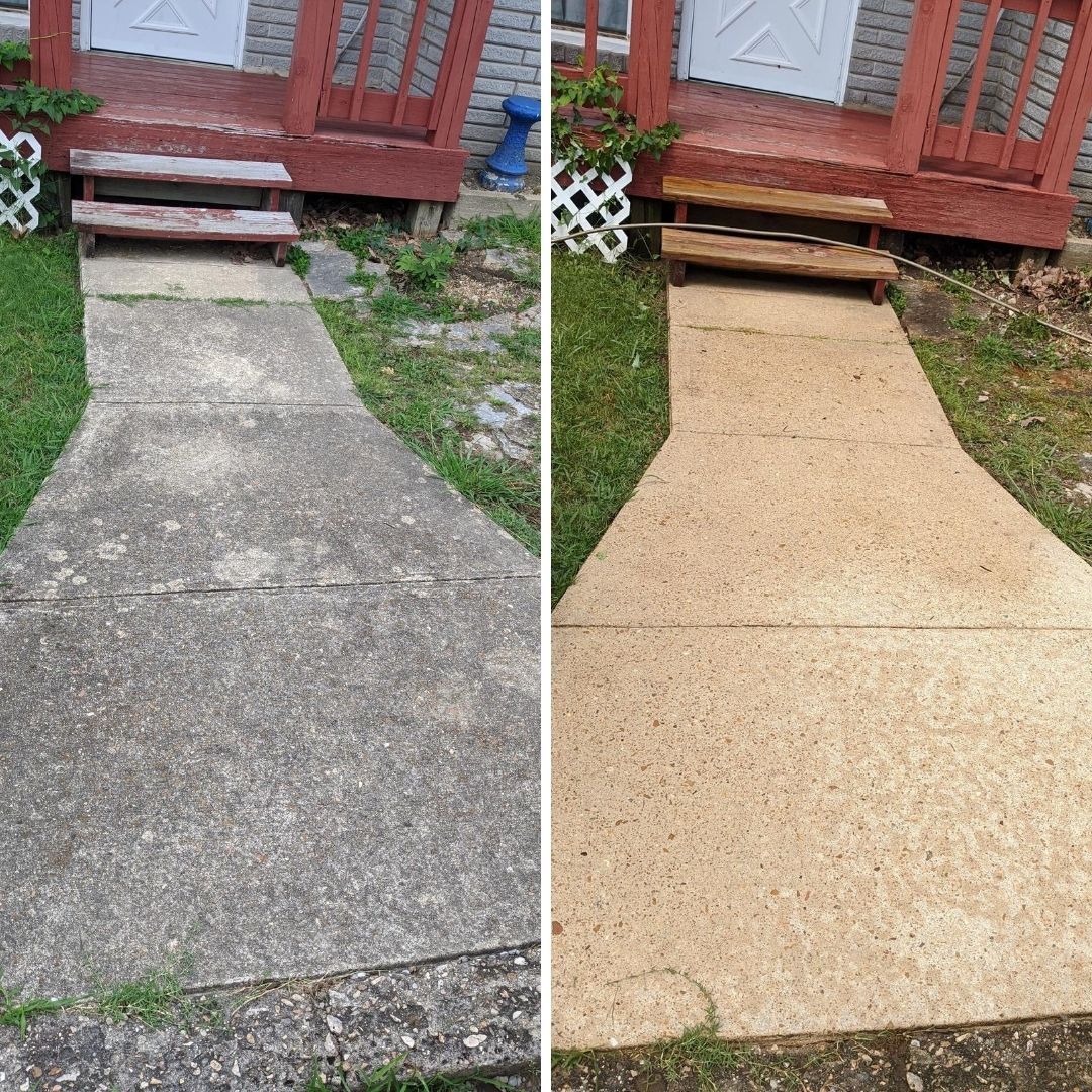 A before and after picture of a concrete walkway in front of a house.