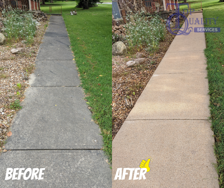 side by side before and after clean and dirty concrete sidewalks cleaned by Top Quality Home Services
