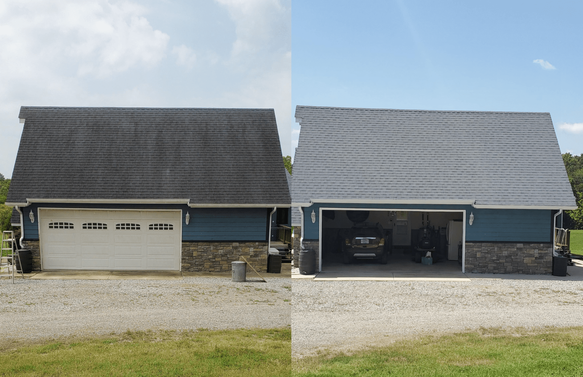 A before and after picture of a house with a garage