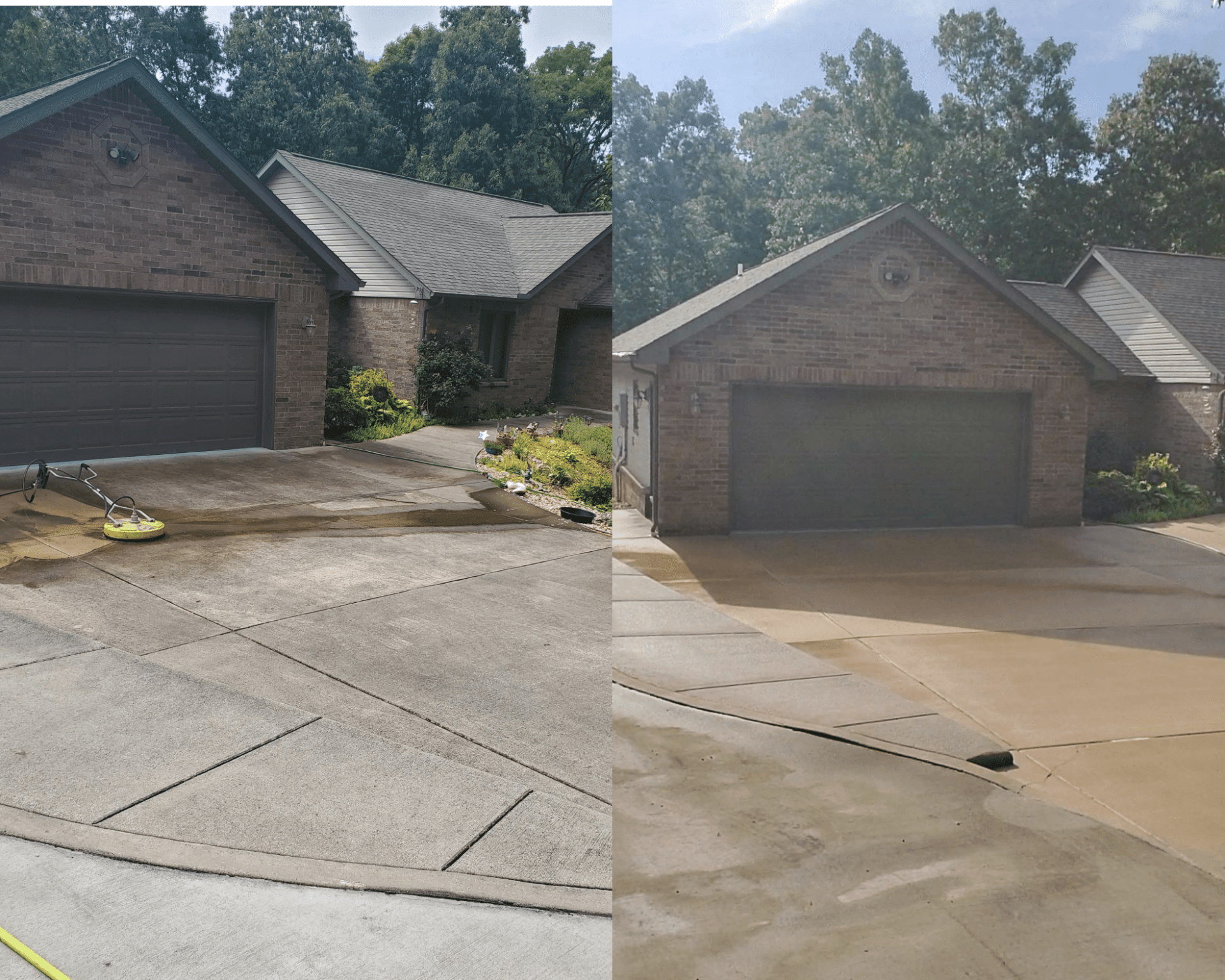 A before and after picture of a driveway being cleaned.