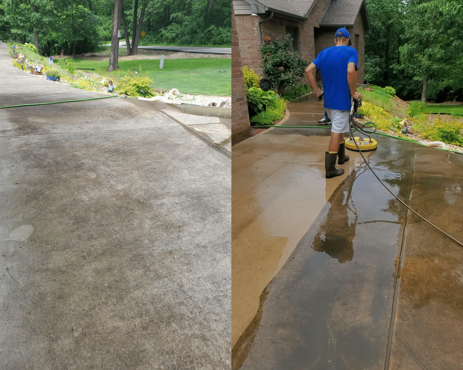 A before and after picture of a driveway being cleaned