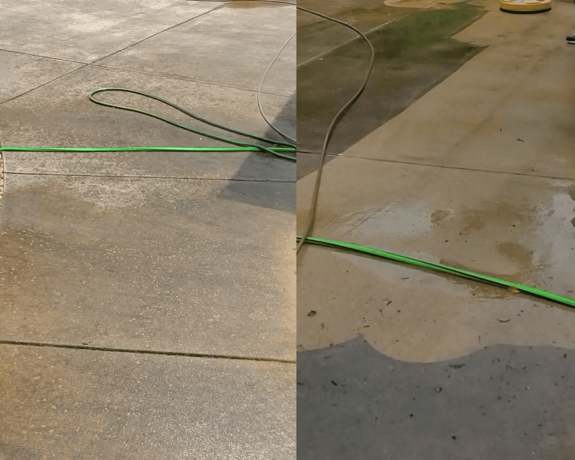 A before and after picture of a concrete floor with a green hose