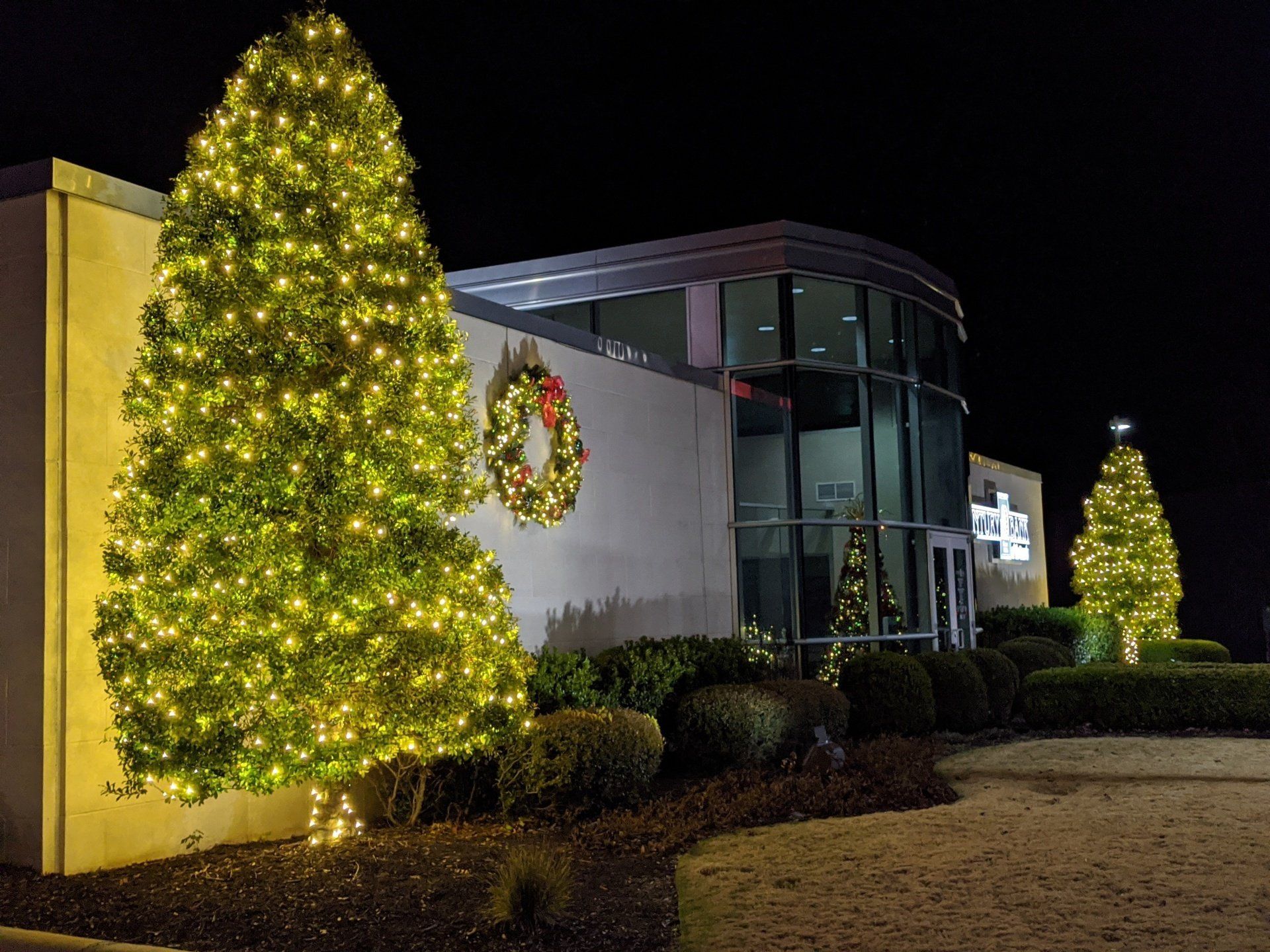 Christmas lights wrapped on a tree and a sixty-inch wreath on Century Bank of Ozarks put up by Top Quality Services