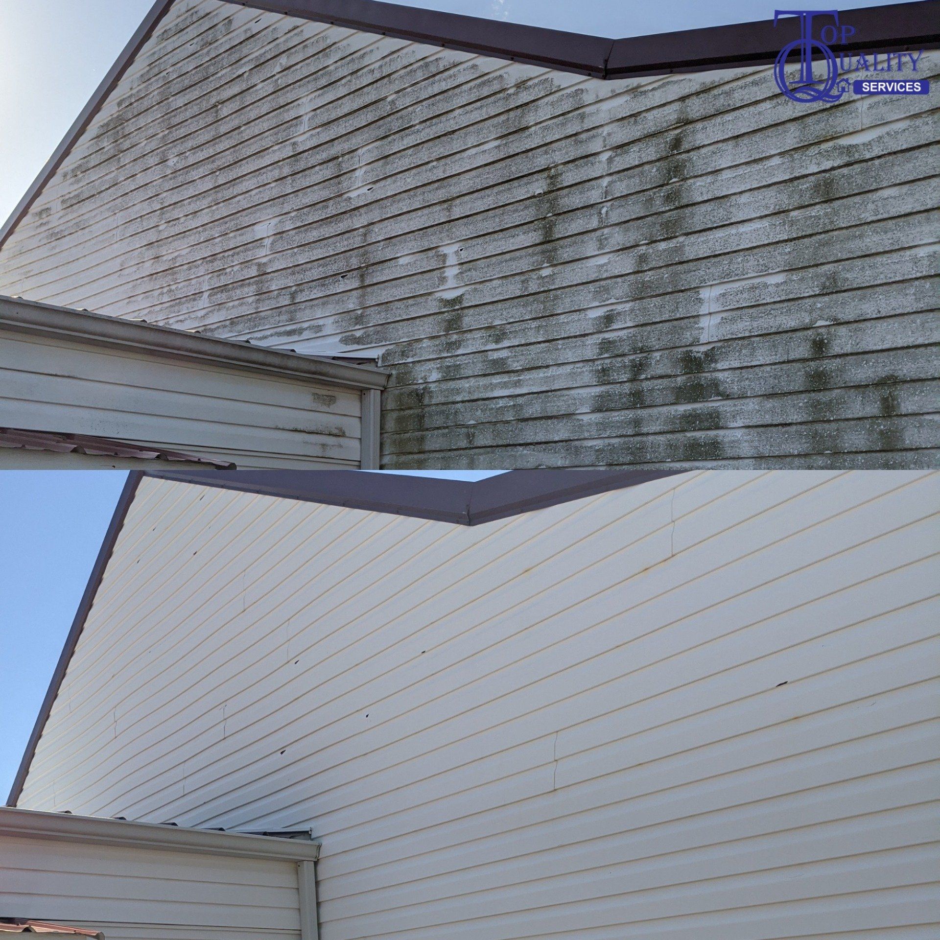 A before and after picture of a house 's siding
