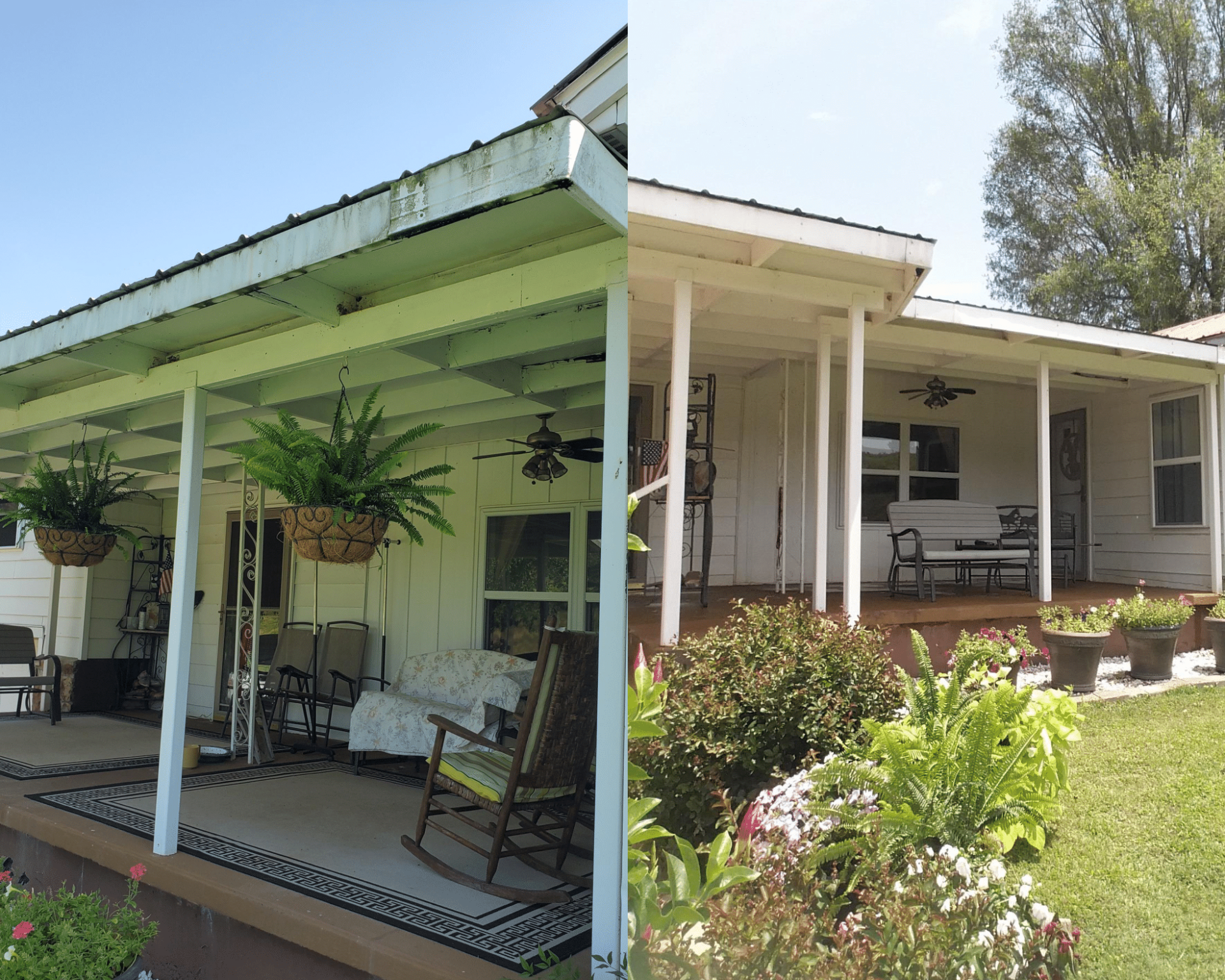 A before and after picture of a porch with rocking chairs