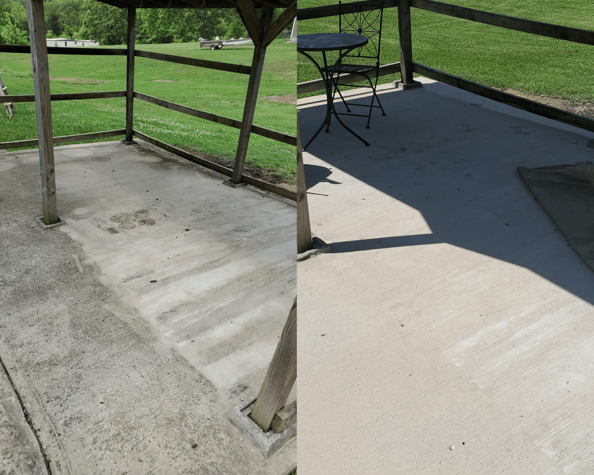 A before and after picture of a patio with a table and chairs