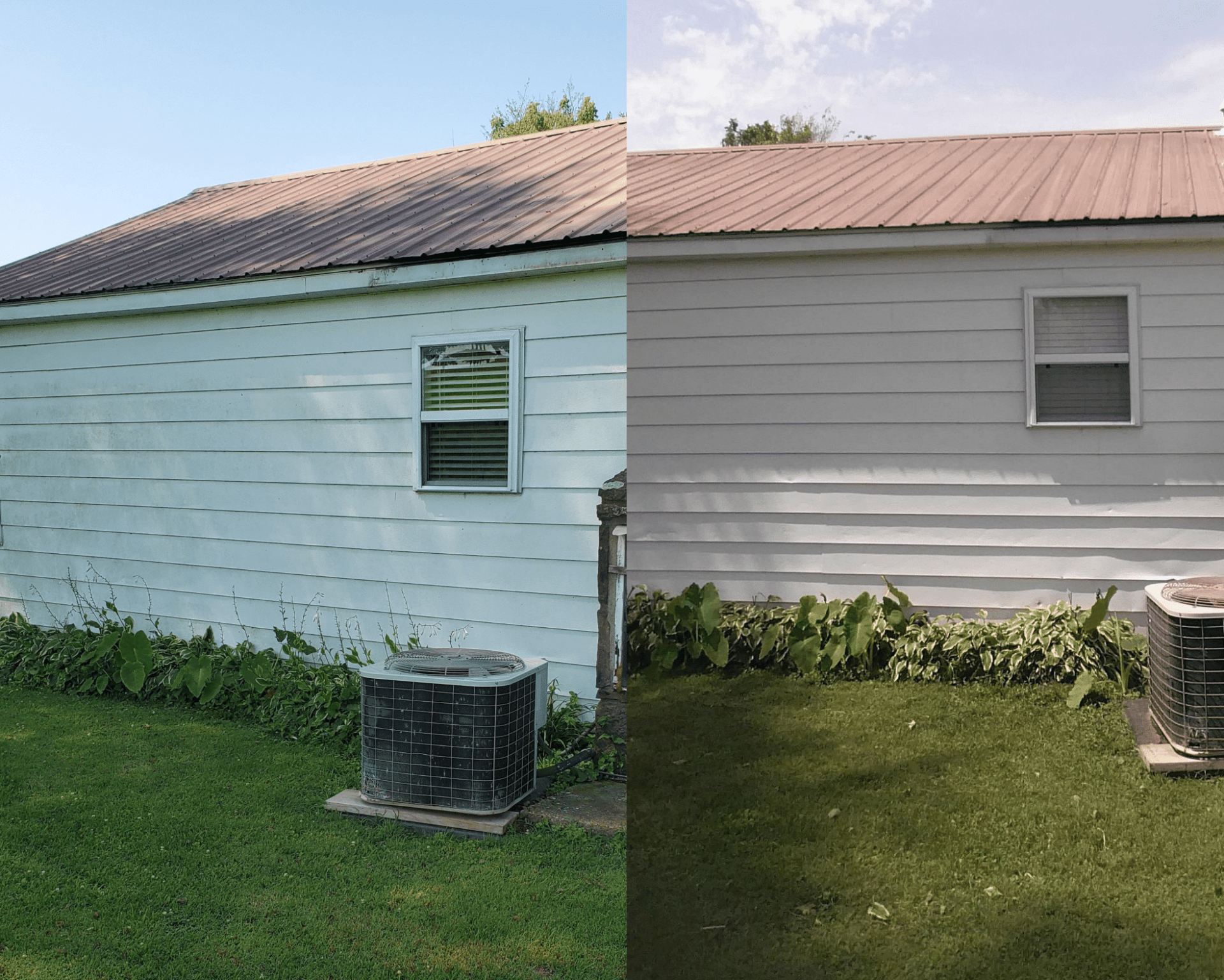 A before and after photo of a house with a brown roof