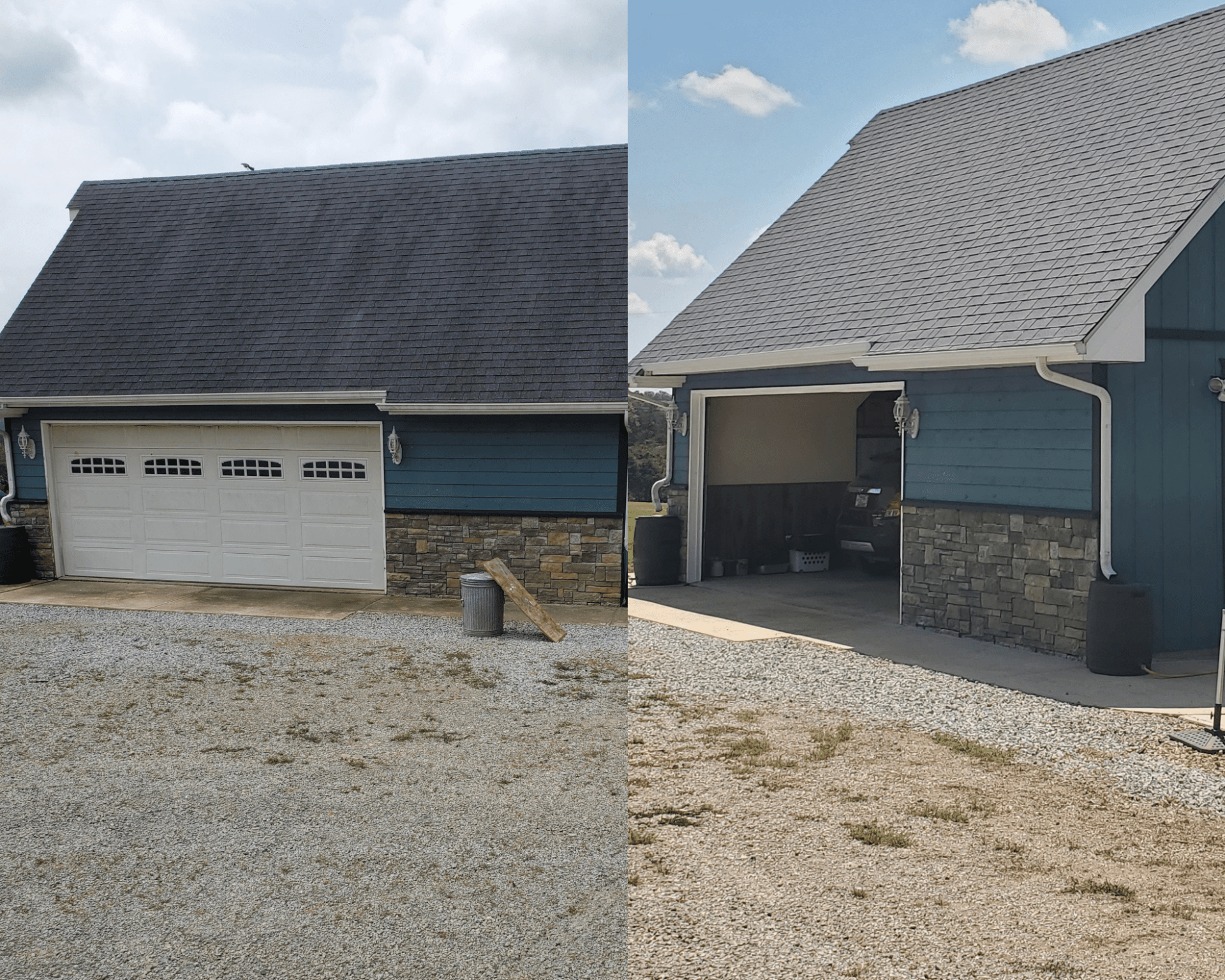 A before and after picture of a garage with a black roof