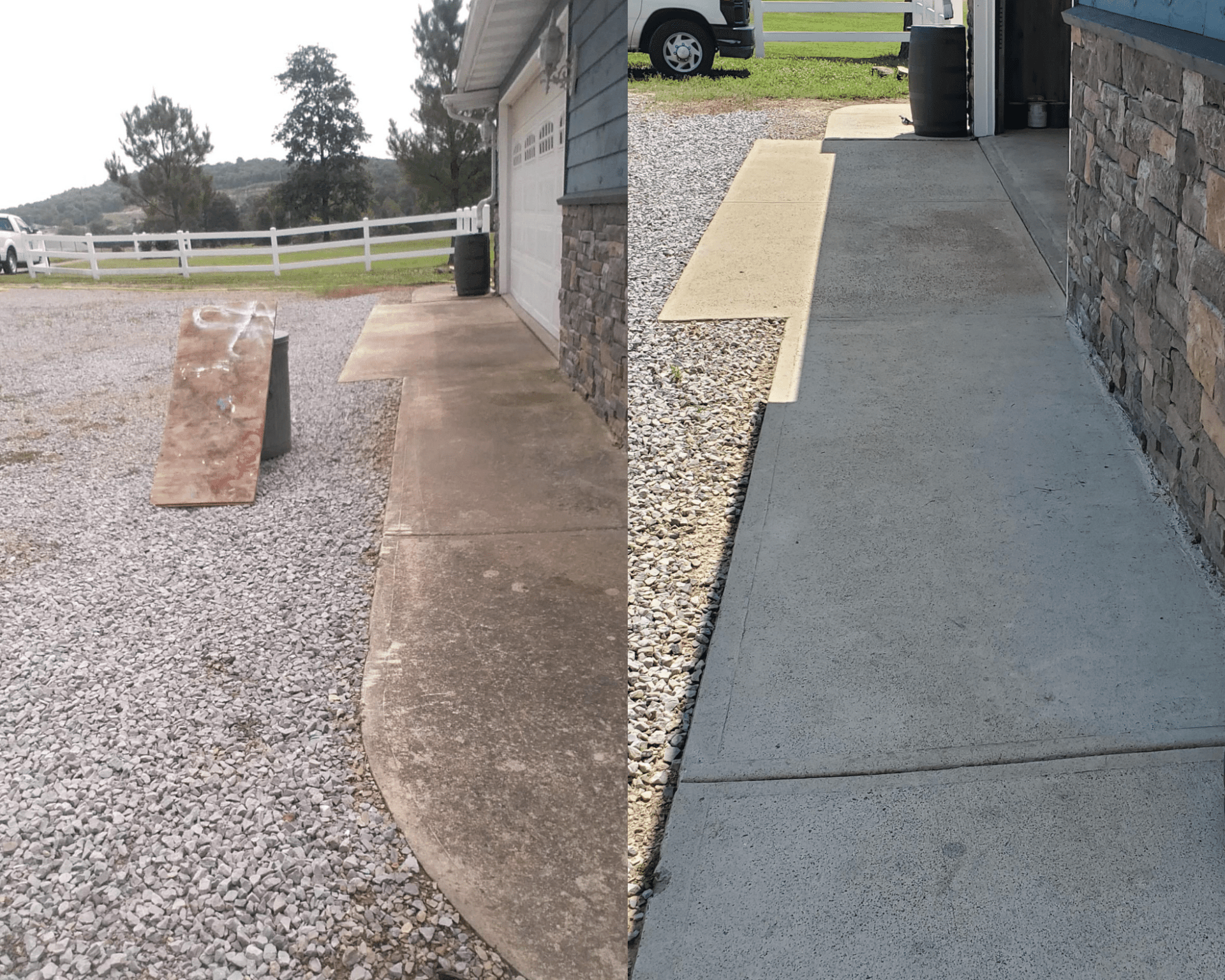 A before and after photo of a concrete walkway