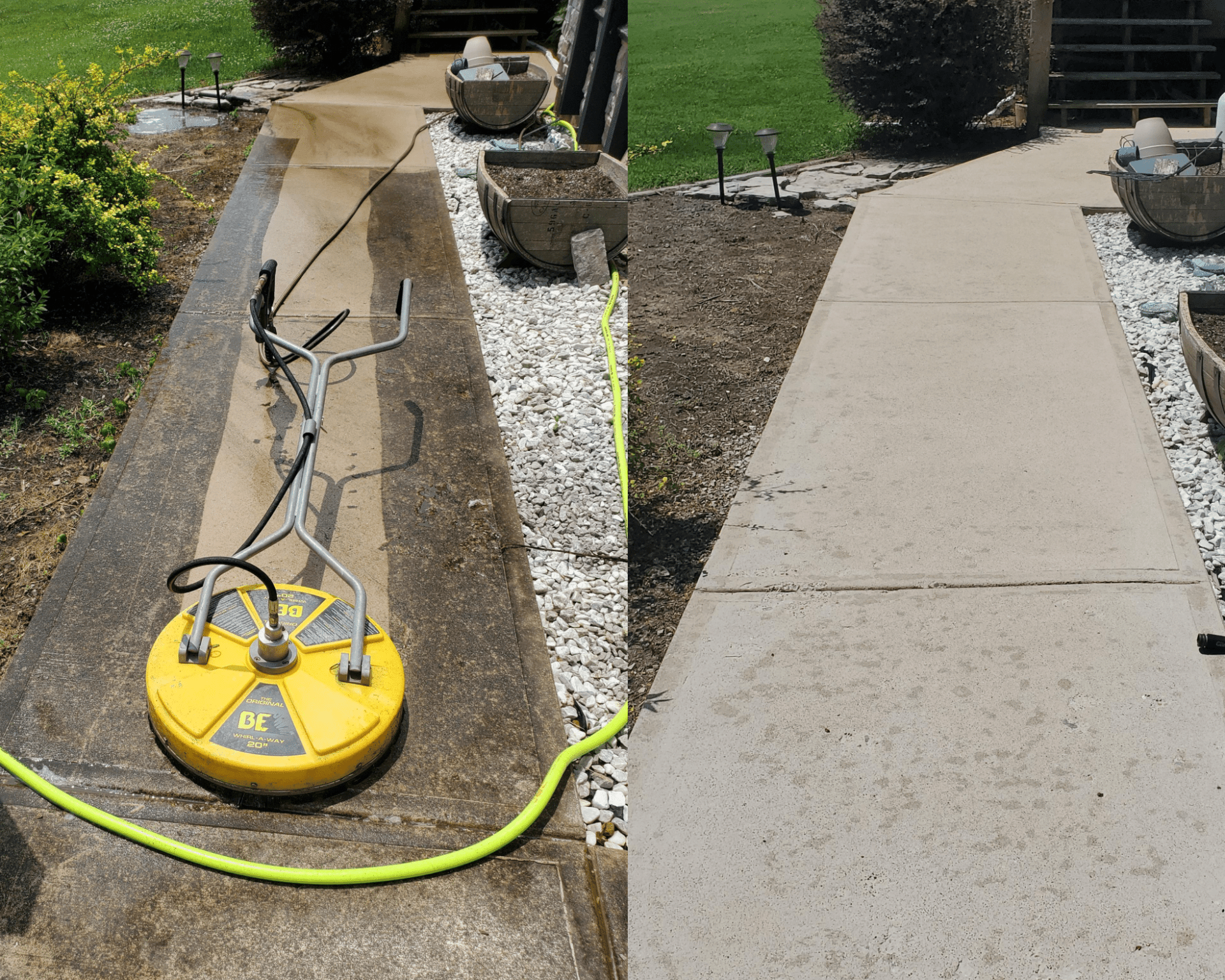 A before and after picture of a concrete walkway being cleaned.