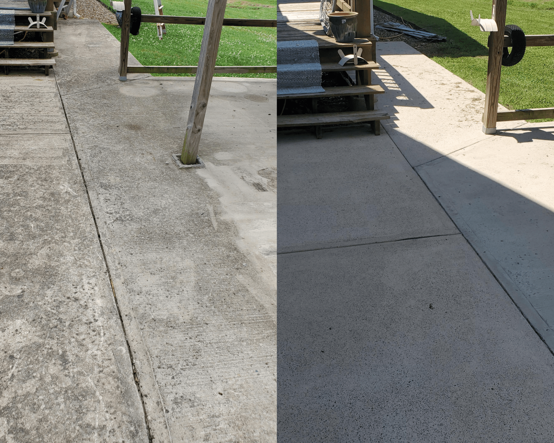 A before and after photo of a concrete walkway