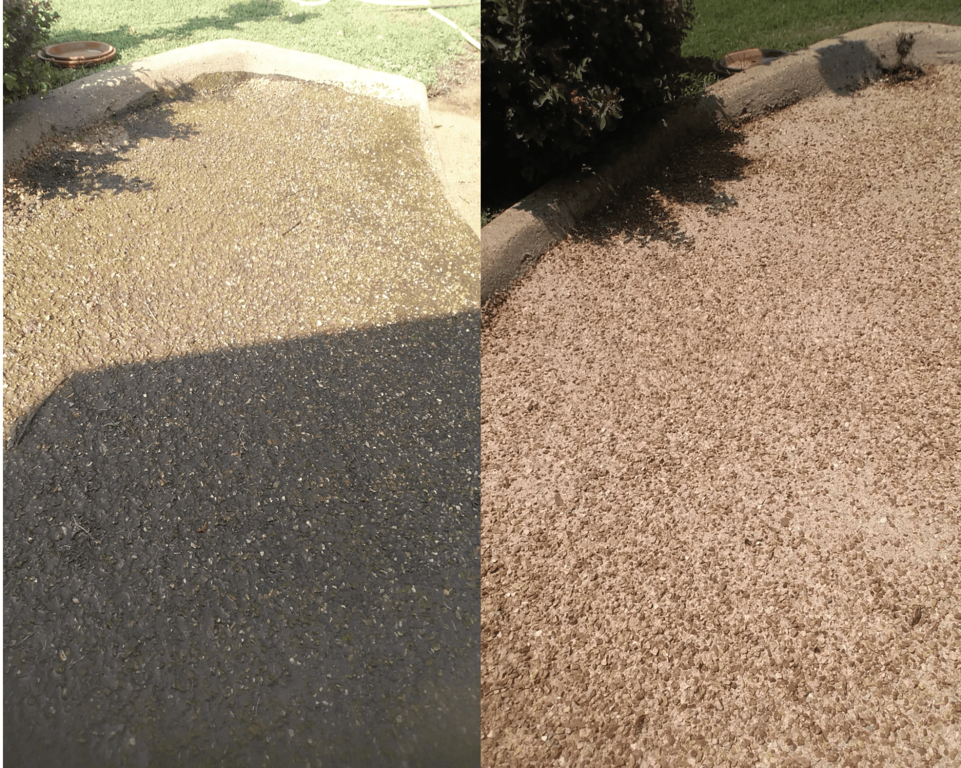 A before and after photo of a gravel driveway