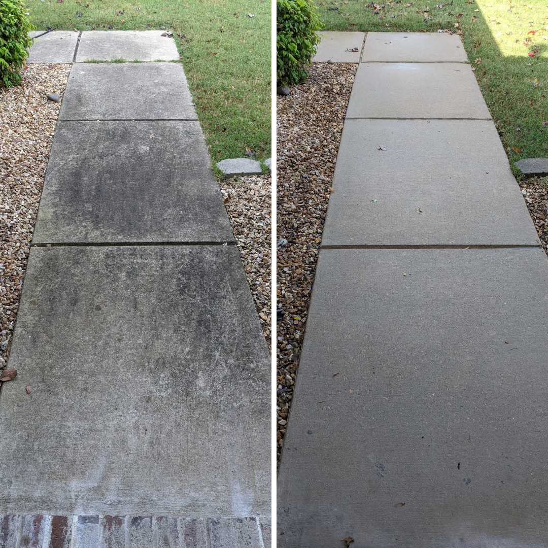A before and after photo of a concrete sidewalk.