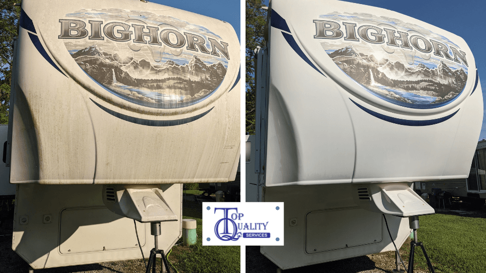 before and after picture of a dirty to clean RV and a Top Quality Services logo