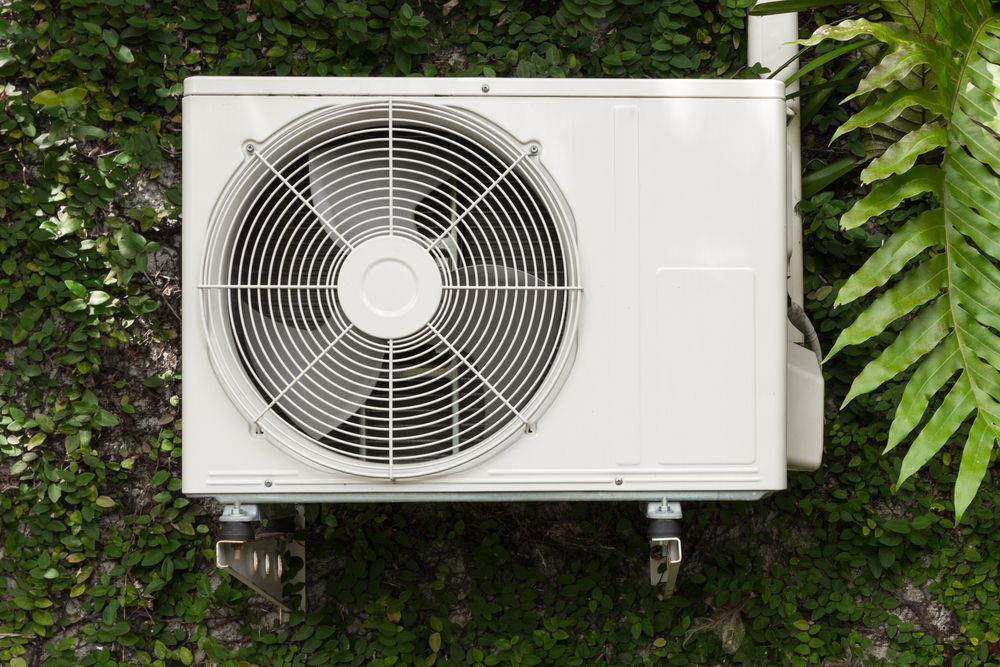White Air Conditioner Unit Mounted on a Green, Ivy-covered Wall — M.R. Services Air Conditioning Pty Ltd In Taminda, NSW