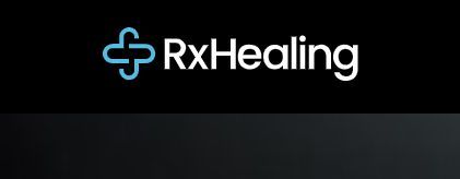 Logo for RxHealing with a blue medical cross symbol and white text on a black background.