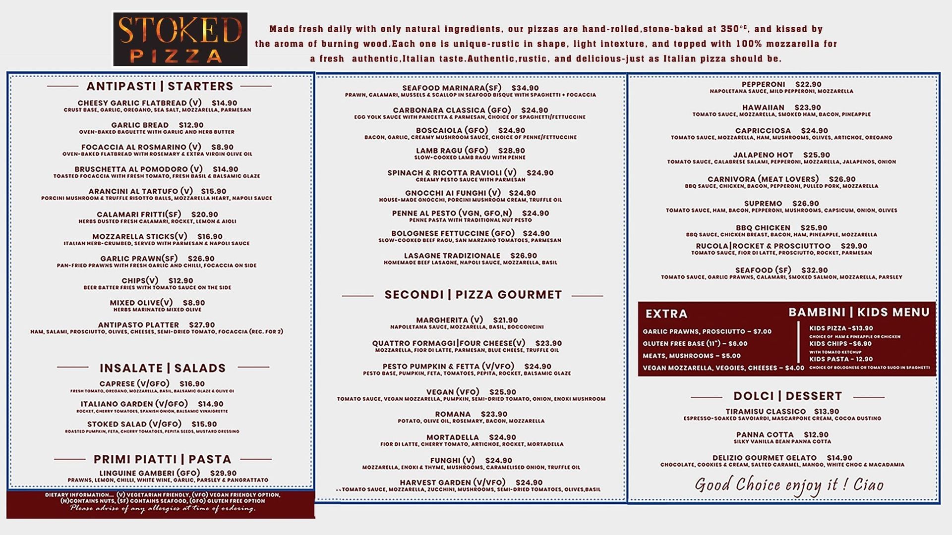 A Pizza Menu with Various Pizza Types and Prices — Stoked Pizza in Helensvale, QLD