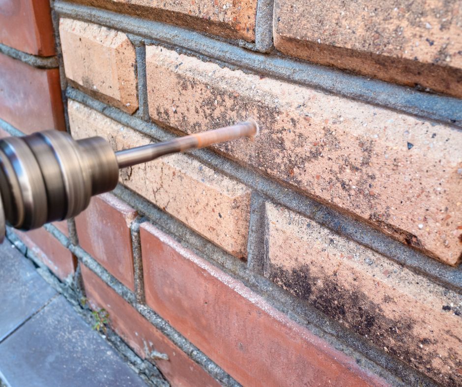 Drilling a masonry wall as part of the process of cavity wall tie replacement