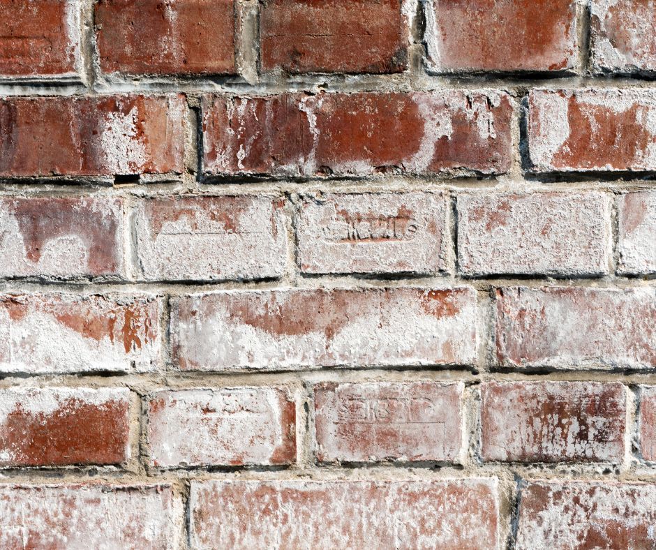 Weathered red brick wall with white powdery salts on the surface.