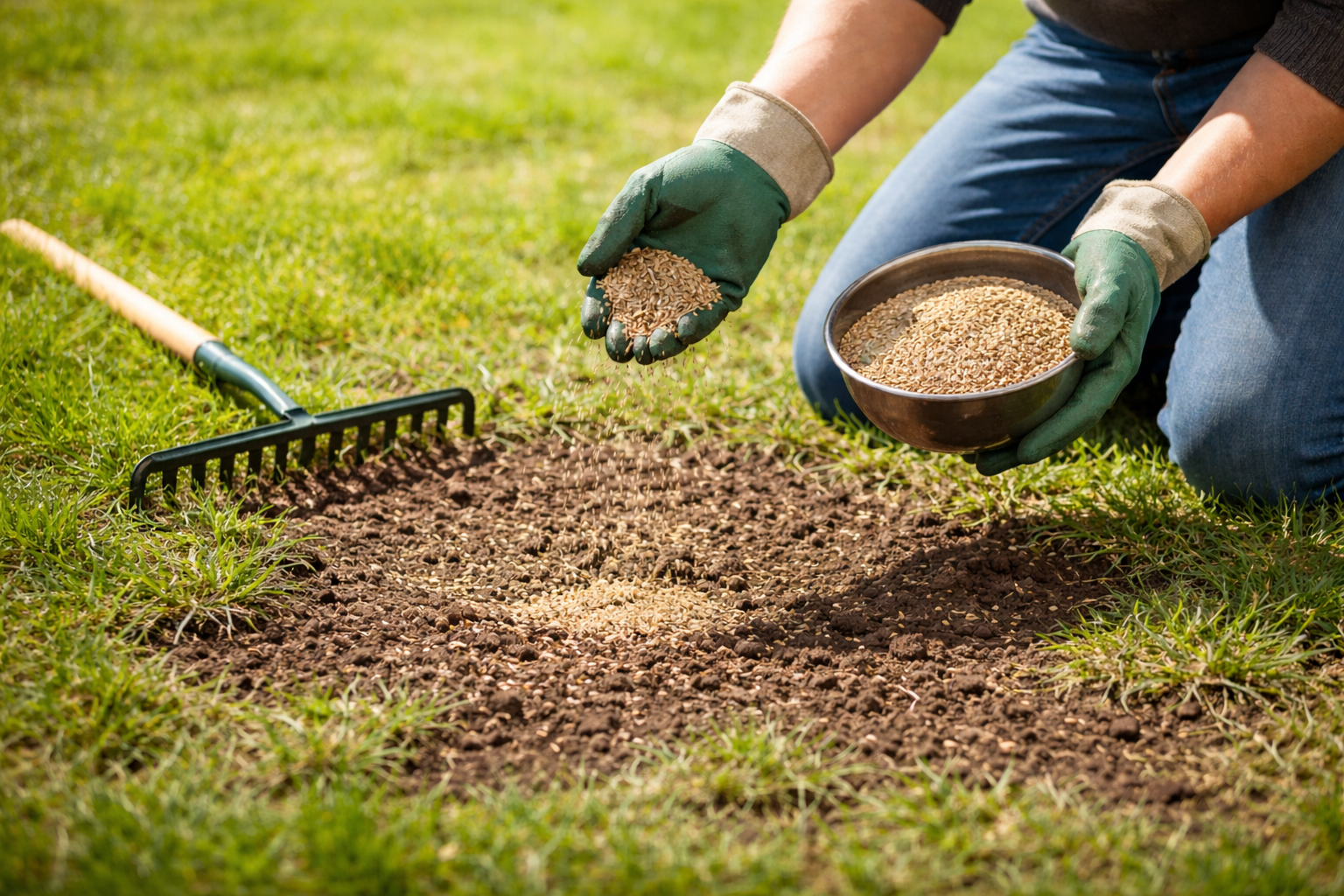 A man is using a green and yellow lawn mower to cut the grass.