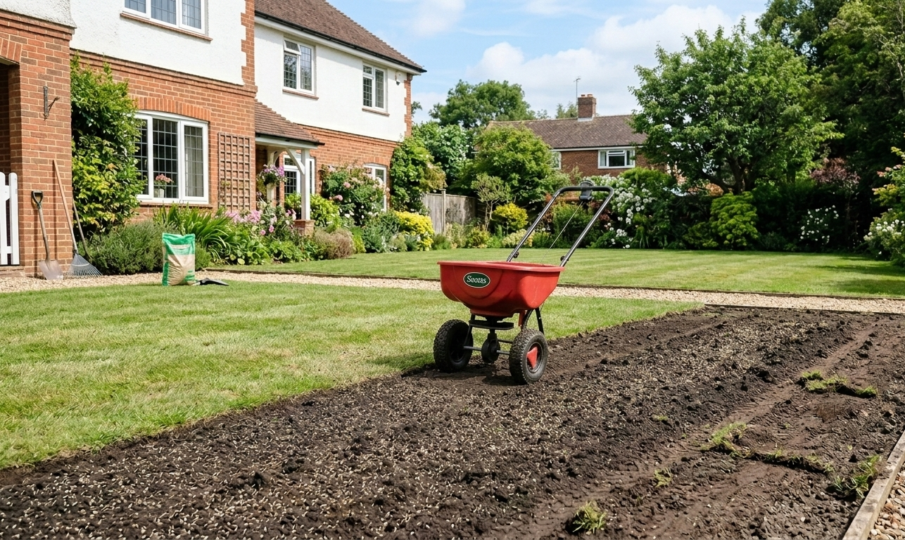 A man is mowing a lush green lawn with a lawn mower.